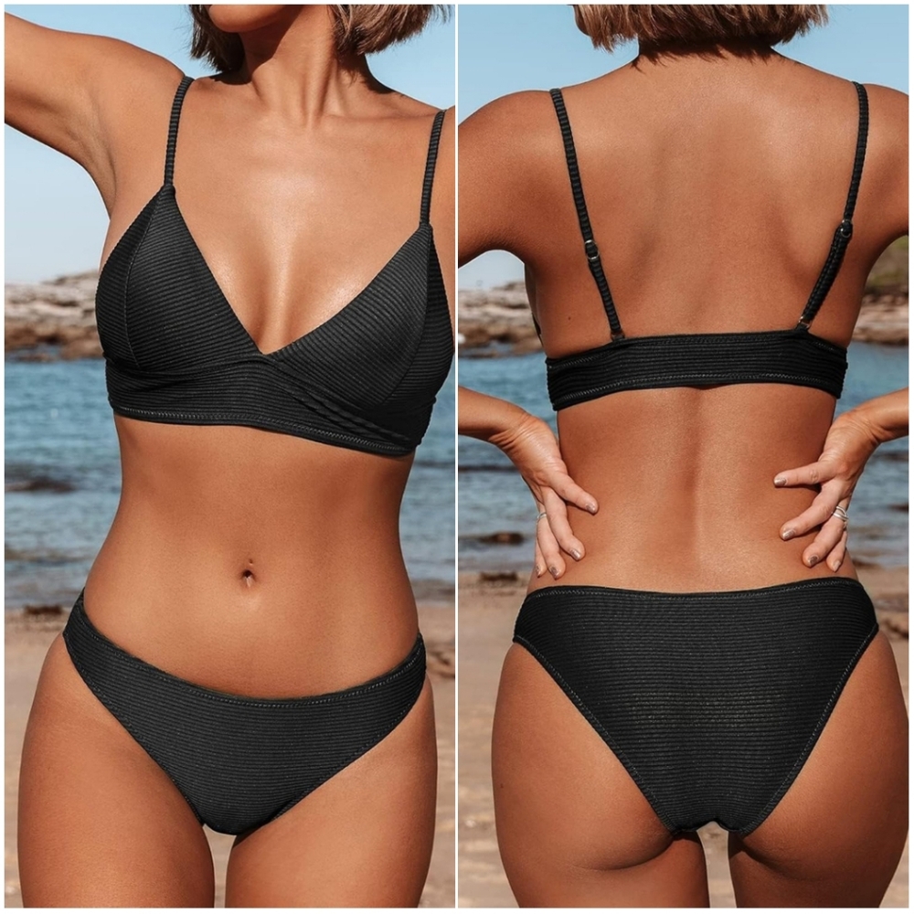 Cupshe Black Triangle Bikini Set Size S | NWT | Adjustable V-Neck Swimsuit